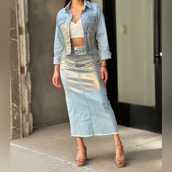 Set of Metallic Gold Denim Jeans Skirt & Jacket, Large Light Blue - Picture 11 of 16